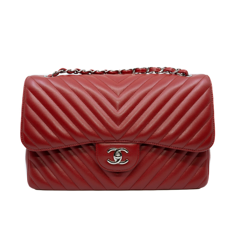 Large Cf In Chevron Caviar Calfskin Red Double Flap Bag Phw Seri 22 - L'UXE LINK