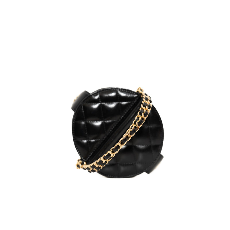 Double Sided In Black Shiny Lambskin Quilted Round Top Handle Vanity Bag GHW With Chain - L'UXE LINK