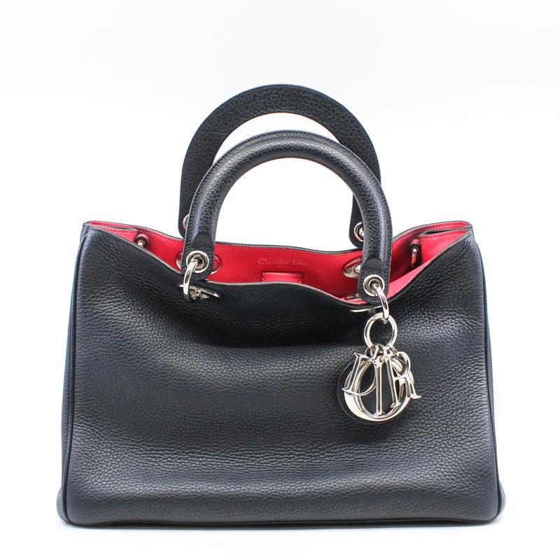 Medium Diorissimo In Black/Red Pebbled Calfskin Leather Handbag PHW With Strap - L'UXE LINK
