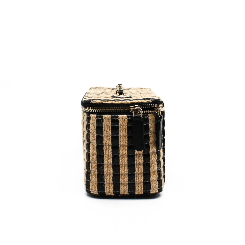 Small Black And Beige Raffia Jute Striped Vanity Case With Chain GHW Seri 30 - L'UXE LINK