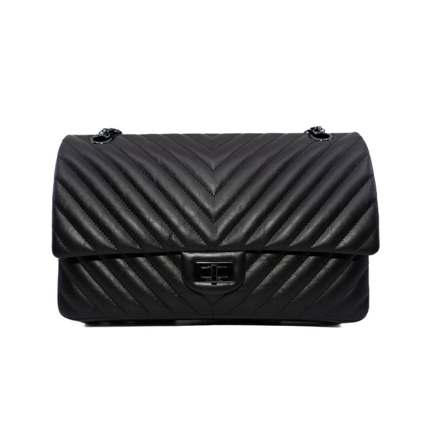 226 Large Reissue So Black Chevron Calfskin Bag Seri 25 - L'UXE LINK