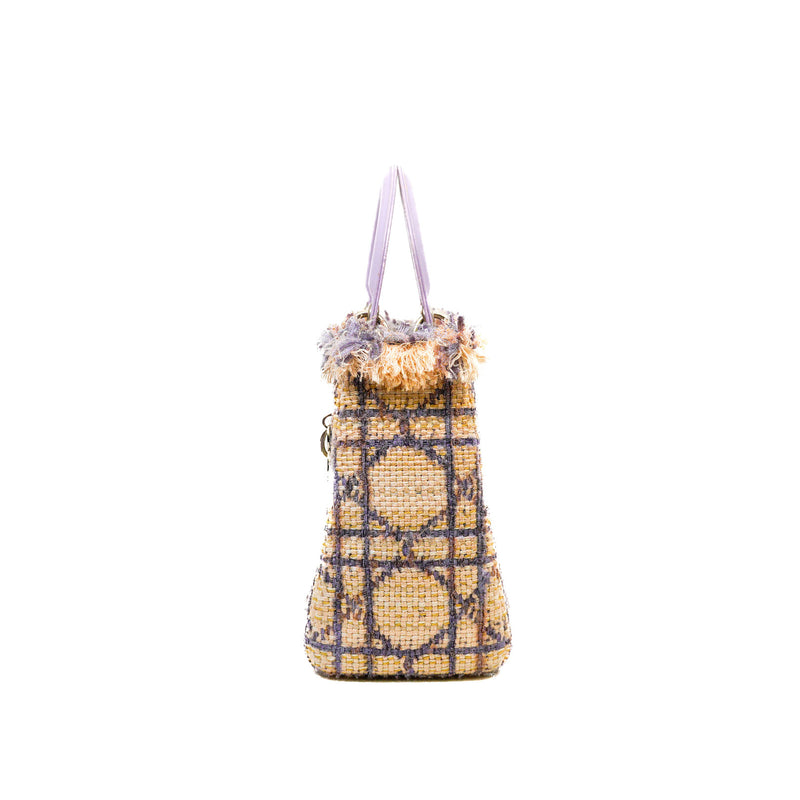 Medium Lady Dior In Beige/Purple Tweed Cannage Handbag PHW (No Strap)