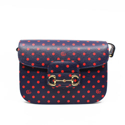 1955 Horsebit Bag in navy leather with red polka dots ghw
