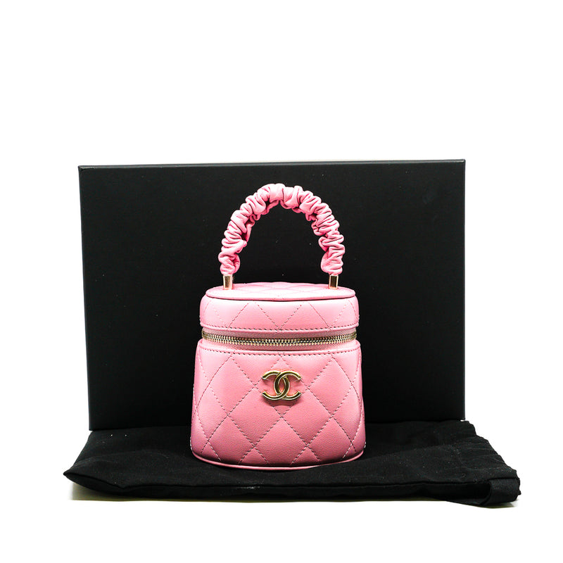 Mini Vanity Case With Ruched Handle In Pink Lambskin Quilted Handbag GHW Seri 32 - L'UXE LINK