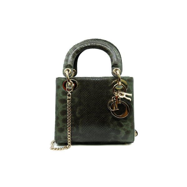 mini lady dior in dark green lizard leather ghw