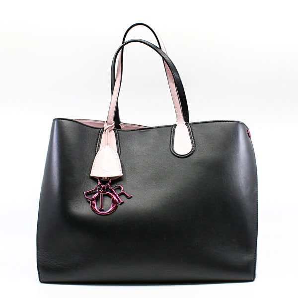Large Dior Addict In Black/Pink Leather Shopper Tote Bag Pink/SHW - L'UXE LINK