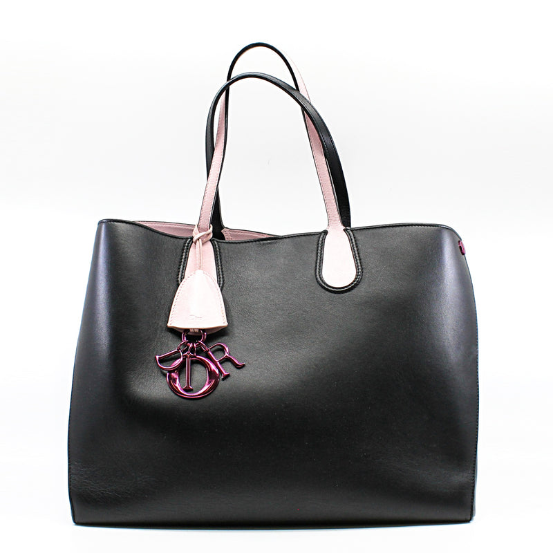 Large Dior Addict In Black/Pink Leather Shopper Tote Bag Pink/SHW - L'UXE LINK