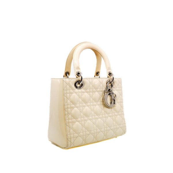 Medium Lady Dior Bag Patent Leather Beige White PHW With Strap - L'UXE LINK