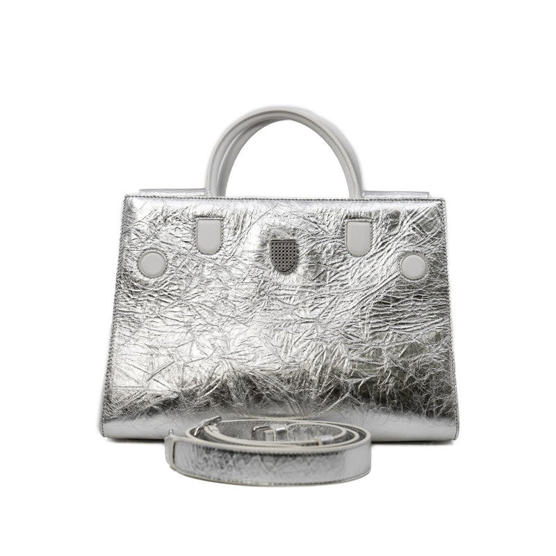 Medium Diorever In Metallic Silver Calfskin Flap Bag PHW With Strap - L'UXE LINK