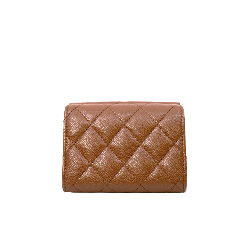Classic Small Snap Caramel Brown Caviar Leather Flap Wallet GHW - L'UXE LINK