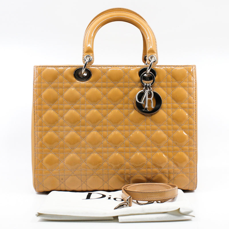 Large Cannage Lady Dior In Yellow Beige Patent Leather Handbag PHW With Strap - L'UXE LINK