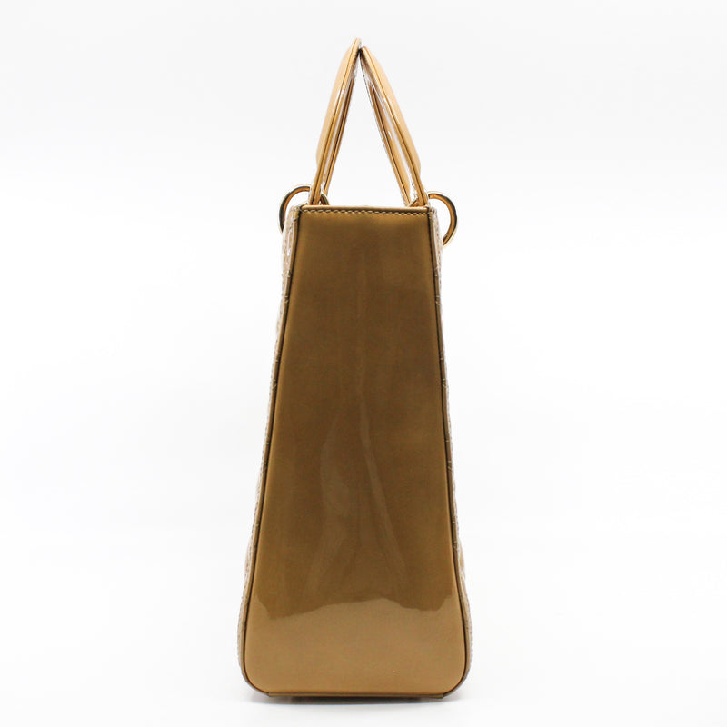Large Cannage Lady Dior In Dark Beige Patent Leather Handbag GHW With Strap - L'UXE LINK