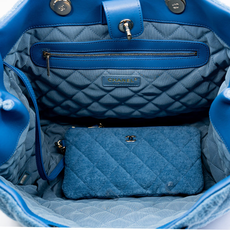 Light Blue Quilted Terry Cloth Coco Beach Shopper Tote Bag PHW Seri 30 - L'UXE LINK
