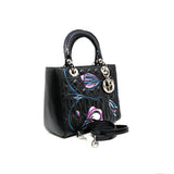 thumbnail medium lady dior in black leather with floral/ccd handle phw