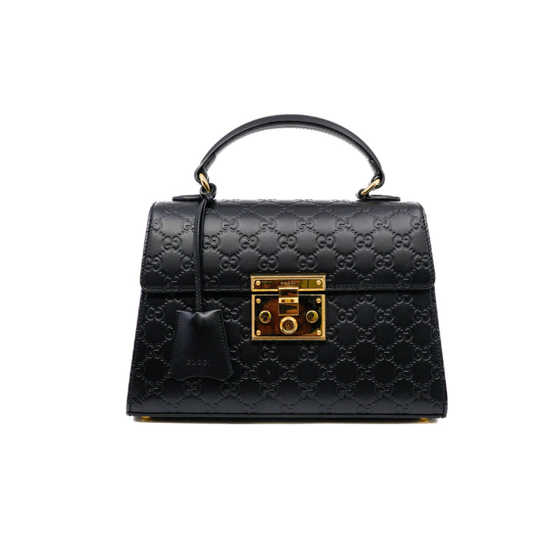 padlock top handle bag in double G leather black ghw