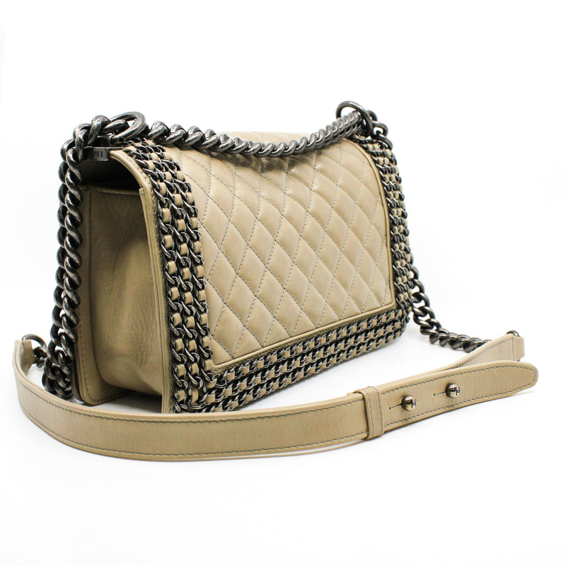 Old Medium Leboy In Beige Calfskin Leather Chained Flap Bag PHW Seri 21 - L'UXE LINK