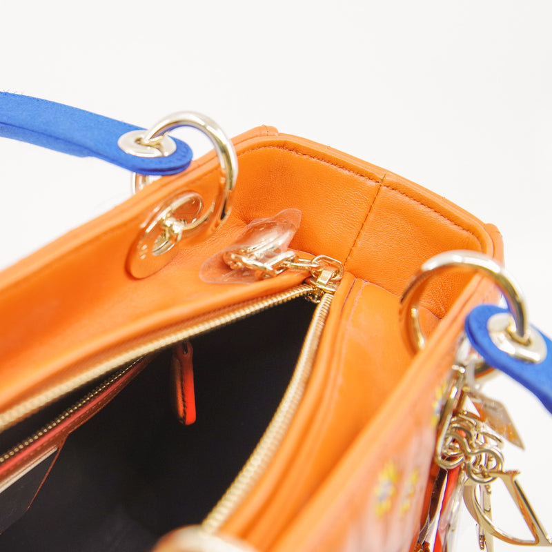 Medium Christian Dior x Jamilla Okubo In Orange/Blue Leather Lady Dior Bag GHW With Strap