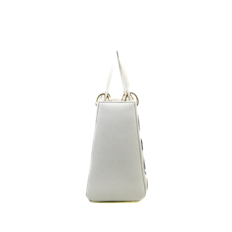 Medium Lady Dior In White Patch Embellished Leather Handbag PHW (No Strap)