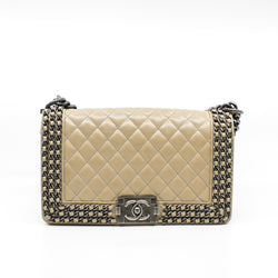 Old Medium Leboy In Beige Calfskin Leather Chained Flap Bag PHW Seri 21 - L'UXE LINK