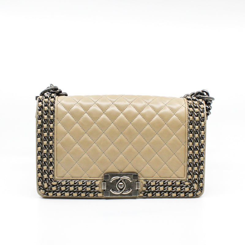 Old Medium Leboy In Beige Calfskin Leather Chained Flap Bag PHW Seri 21 - L'UXE LINK
