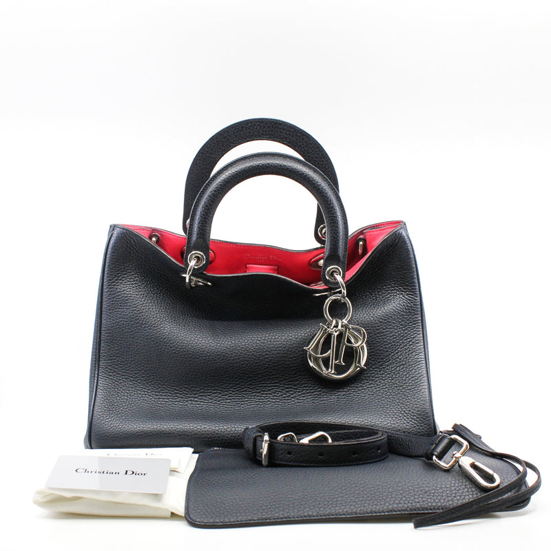 Medium Diorissimo In Black/Red Pebbled Calfskin Leather Handbag PHW With Strap - L'UXE LINK