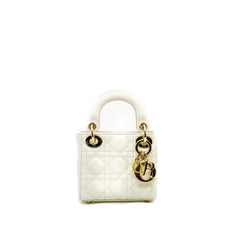 Micro Lady Dior In White Lambskin Bag GHW With Strap - L'UXE LINK