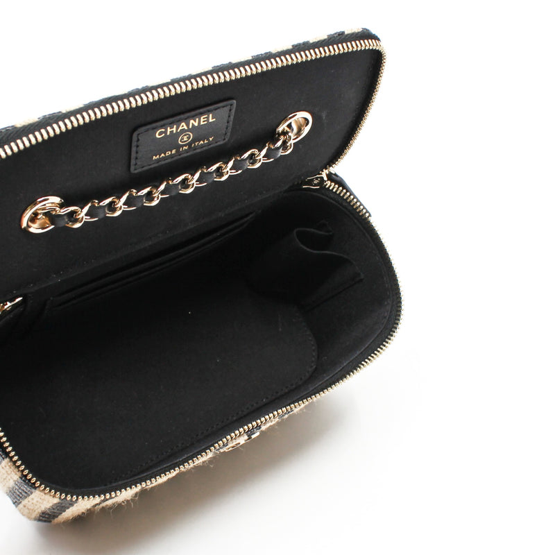 Small Black And Beige Raffia Jute Striped Vanity Case With Chain GHW Seri 30 - L'UXE LINK