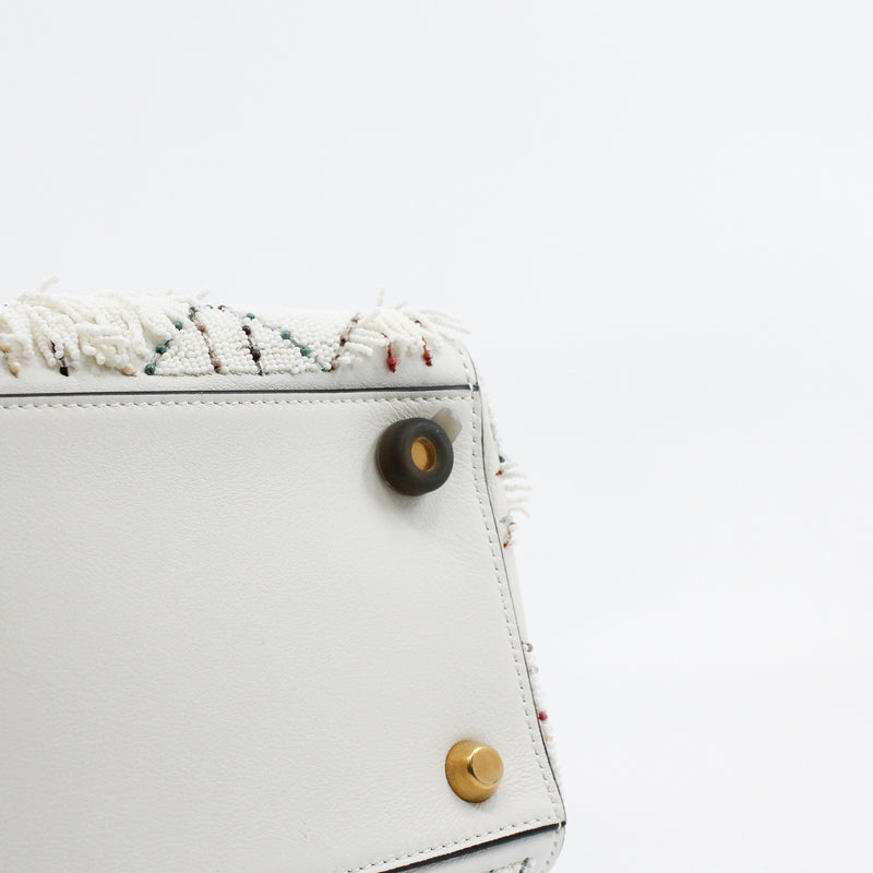 Medium Beaded Fringe Lady Dior In White Lambskin Handbag GHW With Strap