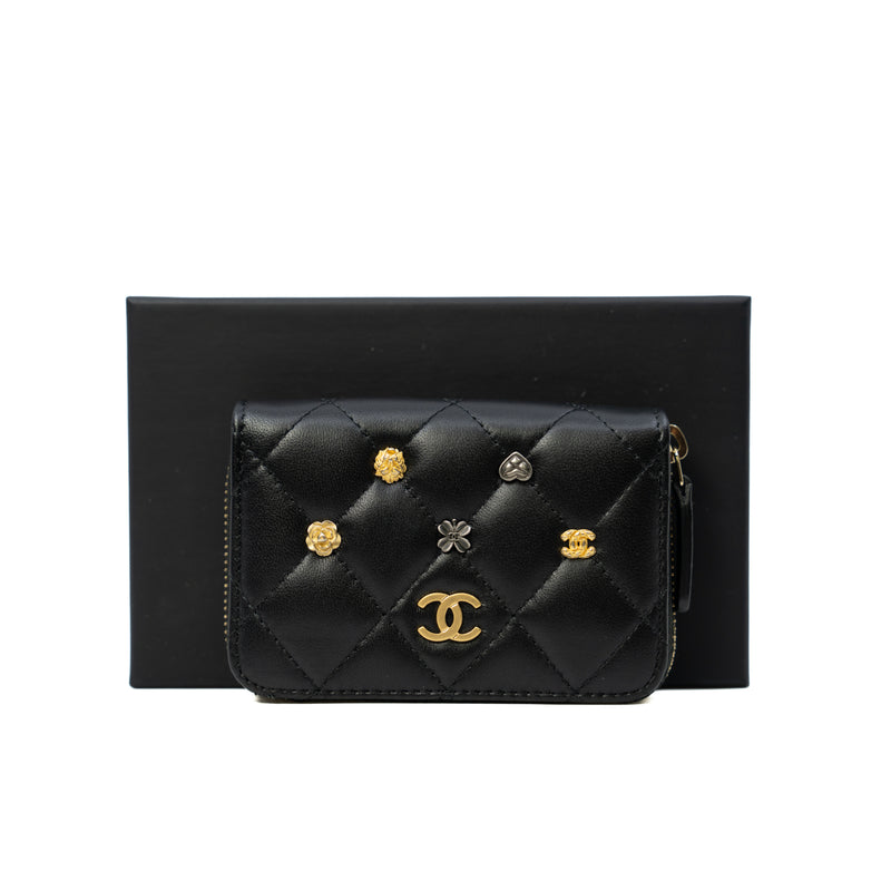 Black Lambskin Lucky Charms Zip Coin Purse - L'UXE LINK
