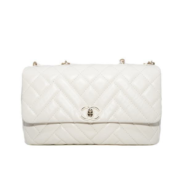25.5cm Long Flap Bag With Enamel Buckle In White Calfskin LGHW Seri28XXXXX - L'UXE LINK