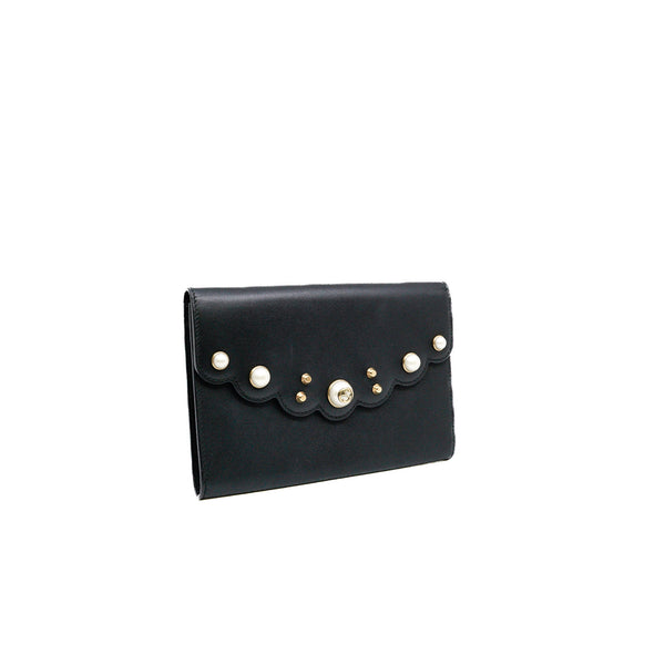 Mini Peony Pearly Black Leather Wallet Clutch Bag GHW - L'UXE LINK