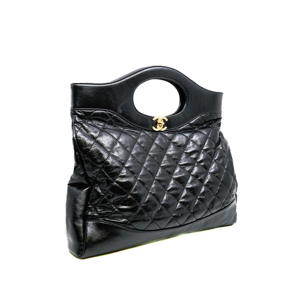 Medium 31 Black Shiny Quilted Calfskin Shopping Bag GHW Seri 28 - L'UXE LINK