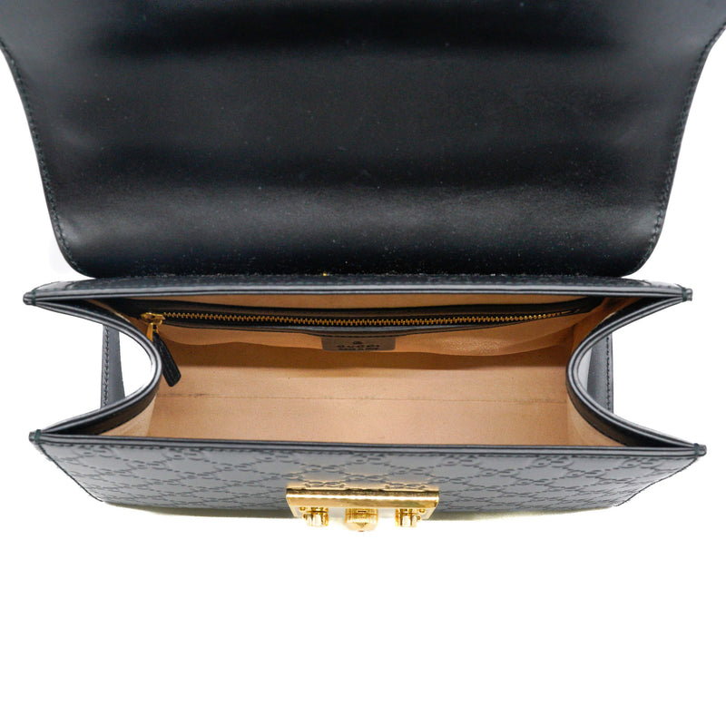 padlock top handle bag in double G leather black ghw