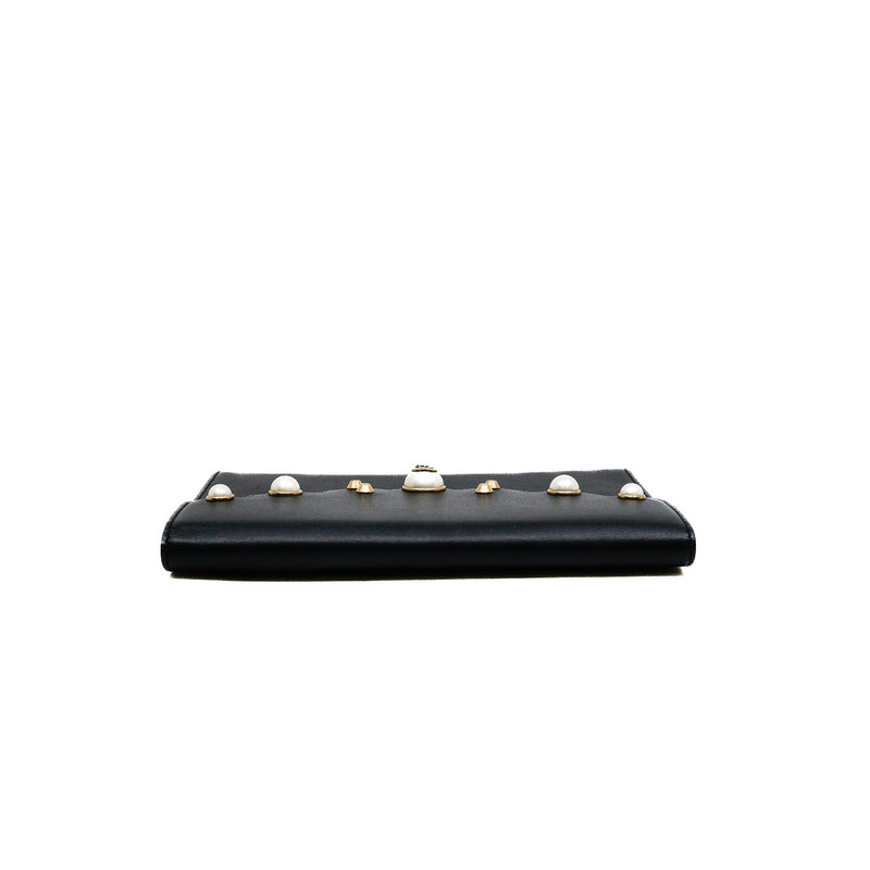 Mini Peony Pearly Black Leather Wallet Clutch Bag GHW - L'UXE LINK