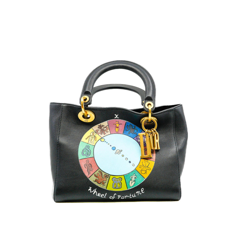 Medium Lady Dior Wheel Of Fortune Black Printed Leather Handbag GHW With Strap
