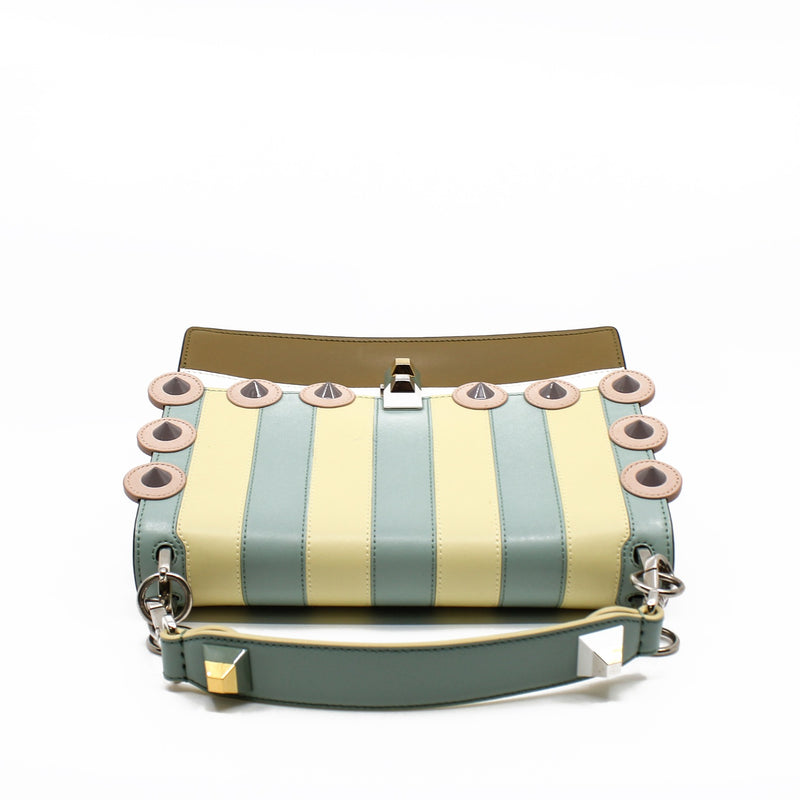 side bag blue yellow stripe pink round missing strap