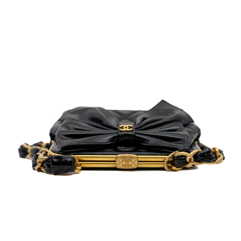 mini chain cross bag in black shining calf skin leather GHW