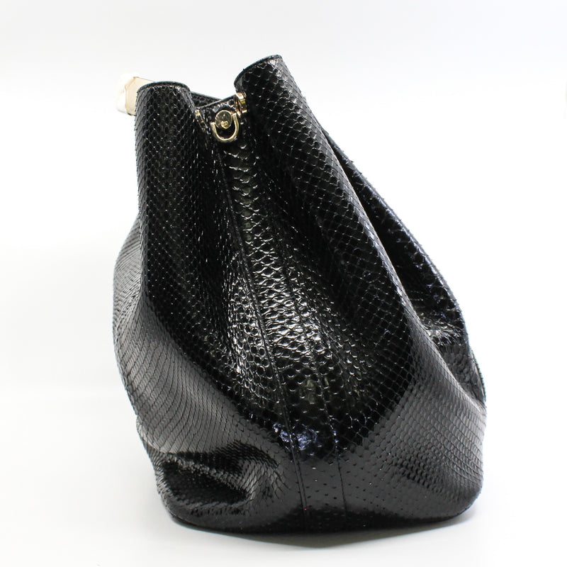 Black Python Leather Diorific Sequin Embroidered Patch Bucket Handbag GHW