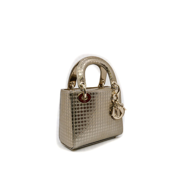 mini lady dior patent leather handbag in gold rghw