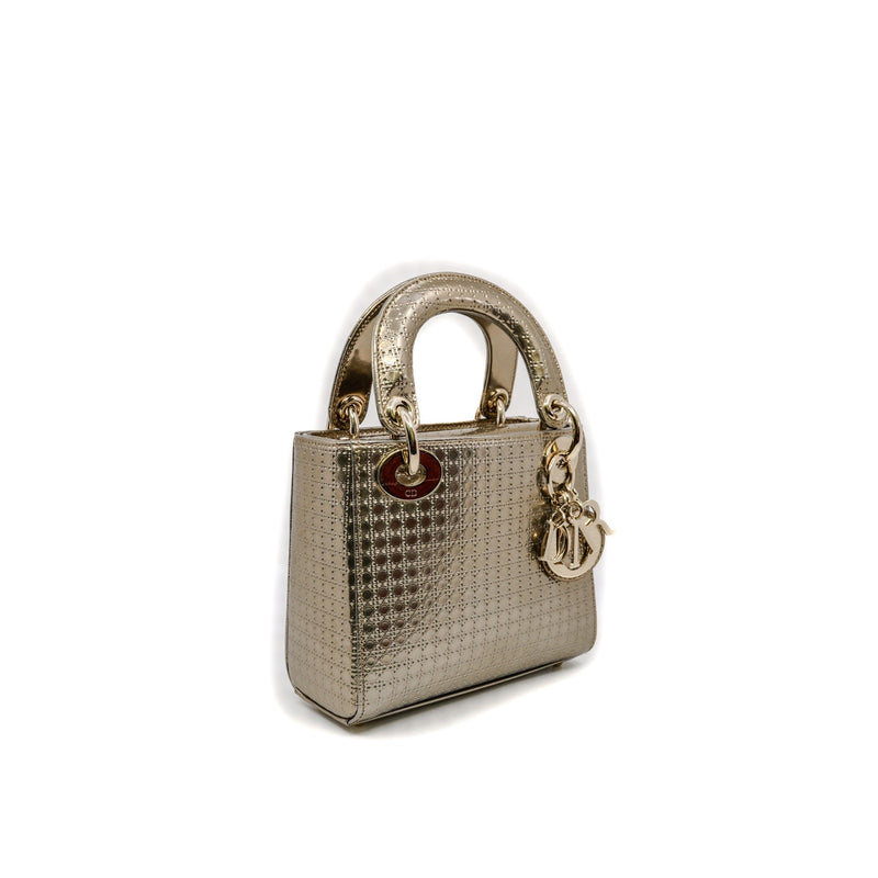 mini lady dior patent leather handbag in gold rghw