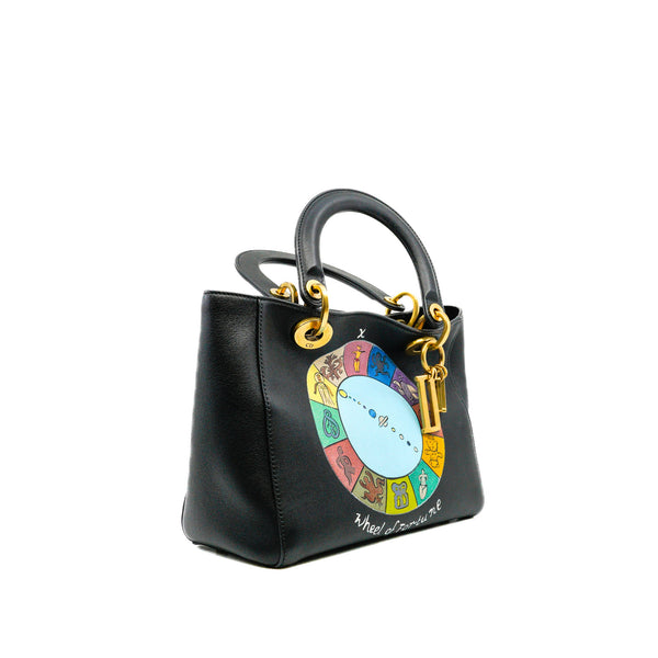 Medium Lady Dior Wheel Of Fortune Black Printed Leather Handbag GHW With Strap