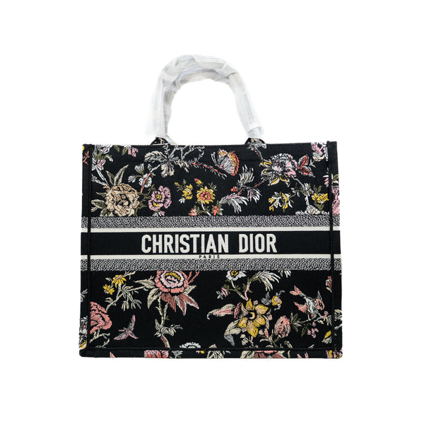 Book Tote GM in black and beige with flowers