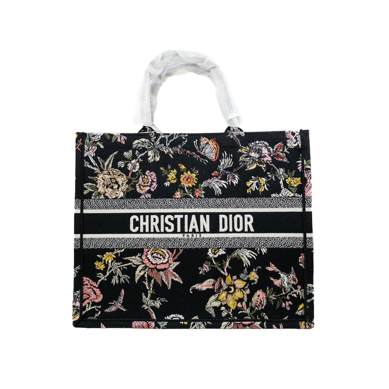 Book Tote GM in black and beige with flowers