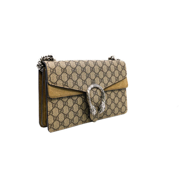 Dionysus medium printed coated-canvas and suede shoulder bag in brown color