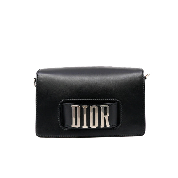 Dio(r)evolution Flap Bag Black Leather Medium Phw With Leather Wide Strap - L'UXE LINK