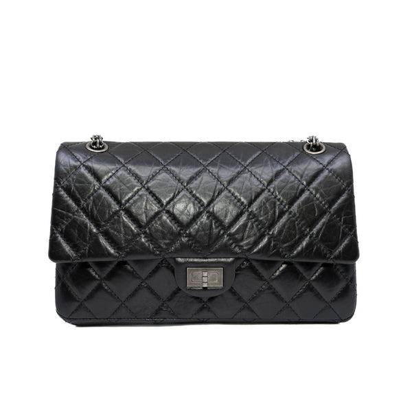 2.55 Reissue 227 Double Flap Bag Black Calf Ruthenium Hardware Seri #Lu3 - L'UXE LINK