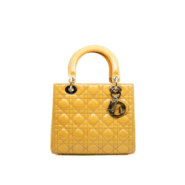 Medium Lady Dior In Beige Brown Patent Leather Cannage Handbag GHW With Strap