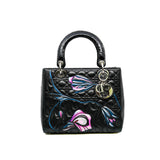 thumbnail medium lady dior in black leather with floral/ccd handle phw