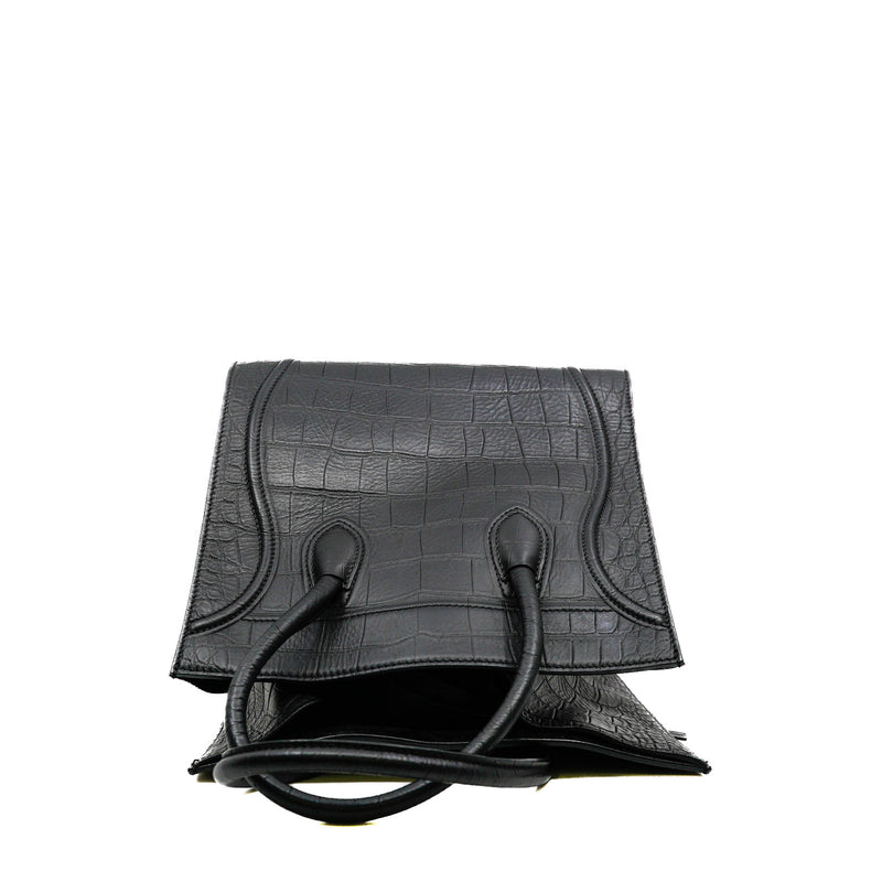 Medium Phantom Luggage In Black Croc Embossed Leather Tote Bag GHW - L'UXE LINK