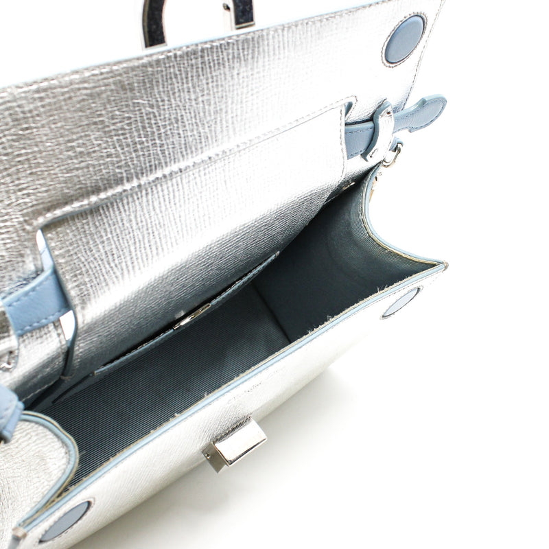 Metallic Silver/Blue Grained Calfskin Diorever Squad Flap Bag PHW With Strap